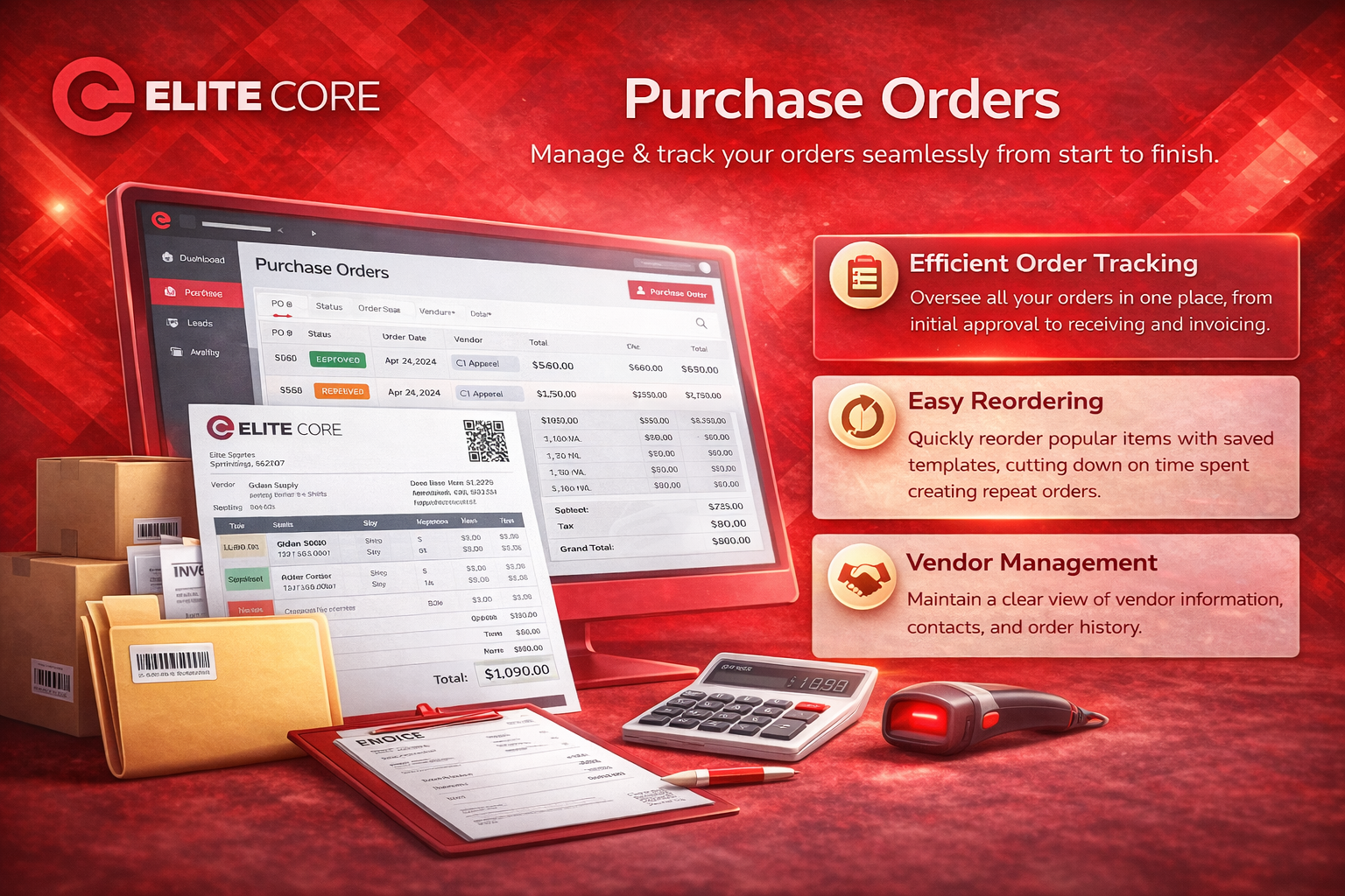 Elite Core - Features - Purchase Orders (Easily manage purchasing from suppliers, even in complicated situations)